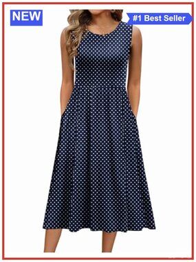 Blue Round Dot Floral Tank Midi Dress, Sleeveless A-Line with Pockets